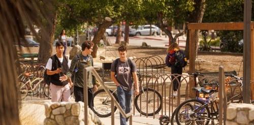 Three students walk together past a bike rack on campus.